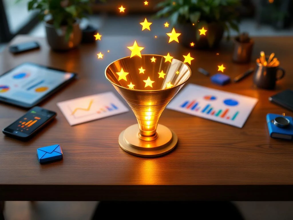 Metalen trechter met gouden sterren voor lead scoring op bureau met tablet en datagrafieken