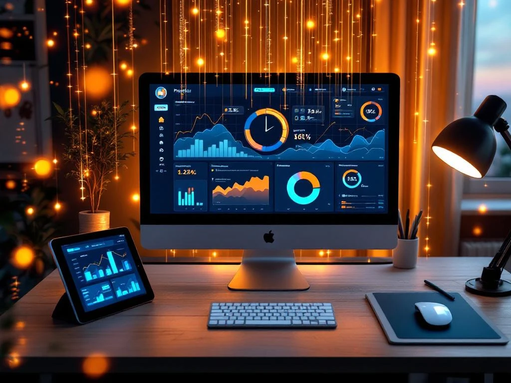 Bovenaanzicht bureau met digitaal dashboard met realtime projectanalyses, voortgangsbalken en CRM-tools in blauw-oranje tinten.