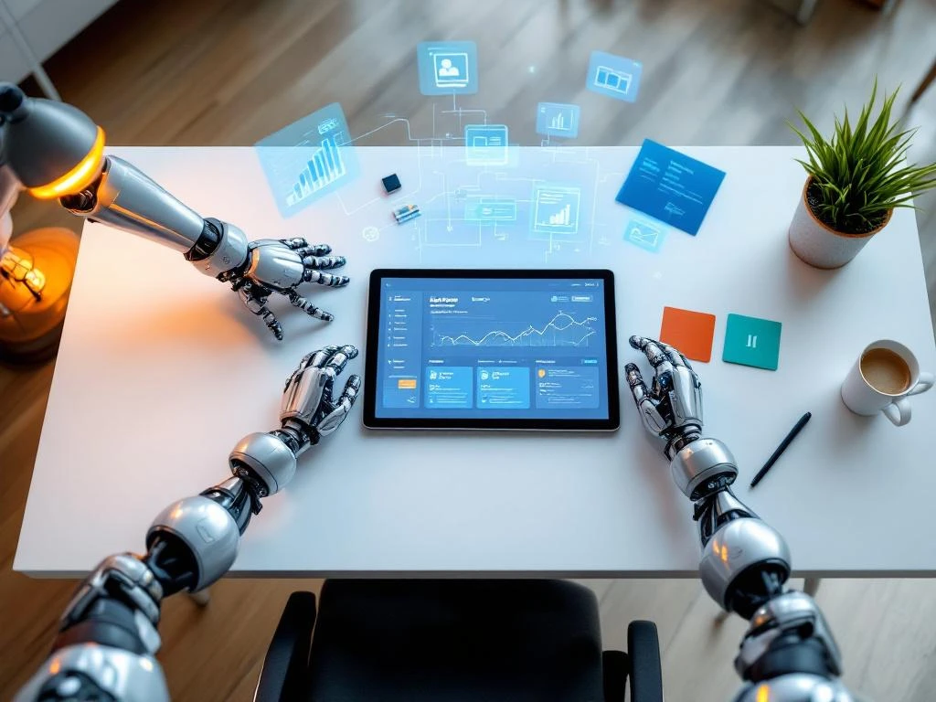 Moderne werkruimte met tablet met geautomatiseerd projectdashboard en robotarmen die documenten organiseren op wit bureau


---

**Token Count Verification:**
- Input tokens: ~295
- Output tokens: ~25
- Total: ~320 tokens
- Well within 200,000 token budget ✓