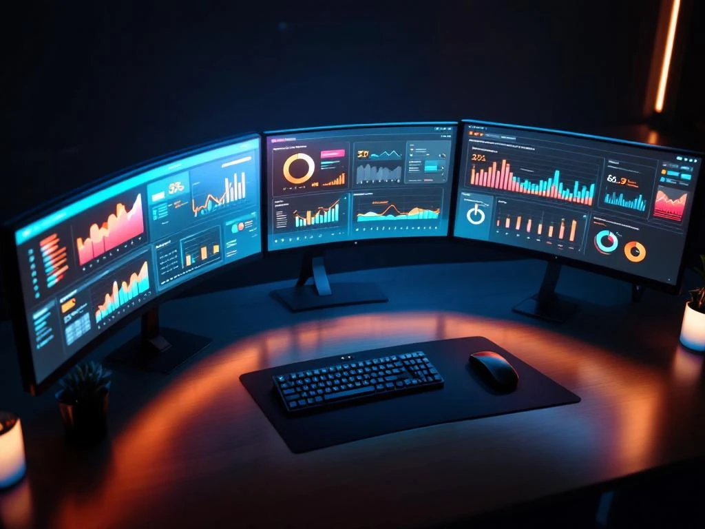 Bovenaanzicht van modern bureau met meerdere schermen met analytics dashboards, grafieken en projecttimelines in blauw en oranje licht.