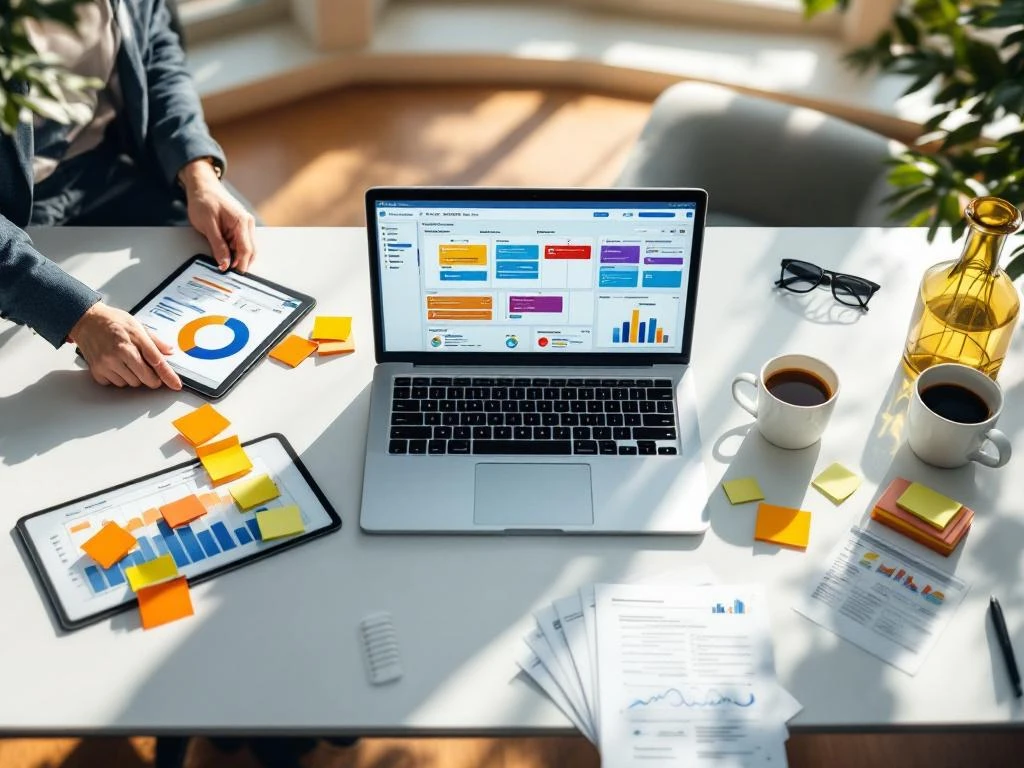 Laptopscherm met projectmanagement dashboard omringd door tablet, sticky notes en documenten op modern bureau