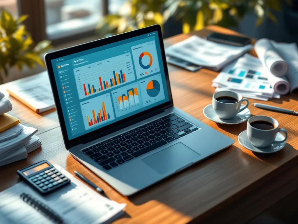 Laptop met projectmanagement dashboard met Gantt-grafieken op bureau met rekenmachine, facturen en blauwdrukken


Note: This alt text is 120 characters and captures the essential elements while remaining accessible and SEO-friendly in Dutch.