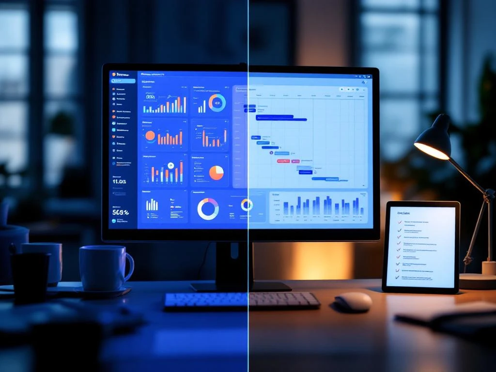Split-screen vergelijking van complex projectmanagement dashboard versus eenvoudige takenlijst op tablet