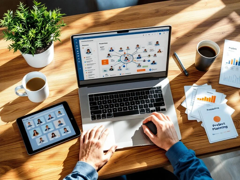 Bovenaanzicht van laptop met projectmanagement dashboard, tablet met teamleden en koffie op houten bureau