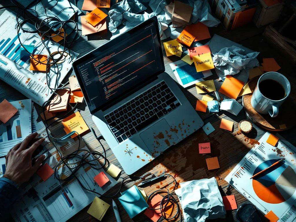 Chaotische werkplek met laptop vol foutmeldingen, omgevallen koffie en verfrommelde projectplanningen