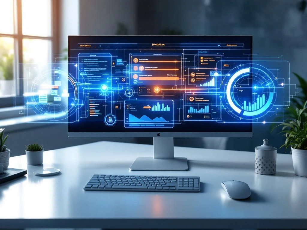 Modern bureau met holografische projectborden, tijdlijnen en taaklijsten in blauw en oranje tinten van bovenaf gezien