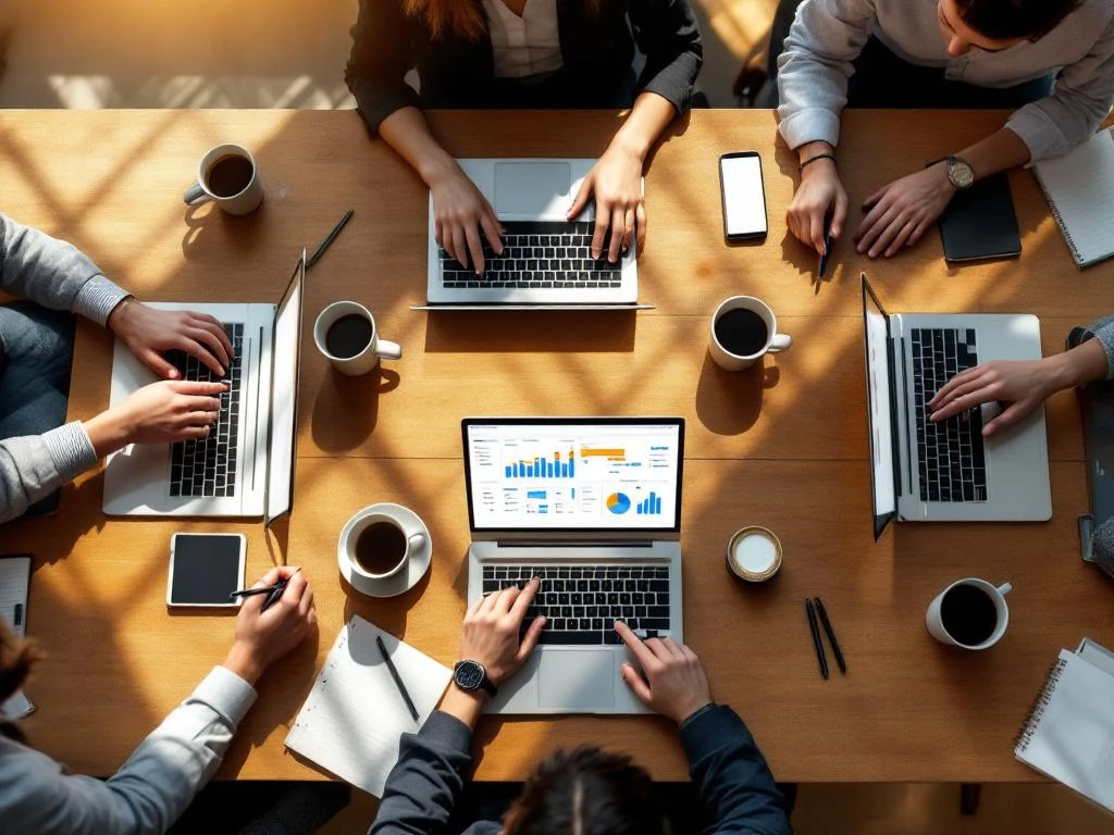 Teamleden werken samen aan projectmanagement dashboards op laptops rond een houten vergadertafel