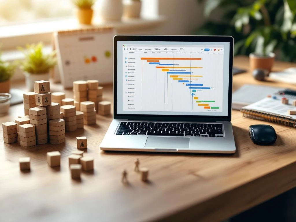 Laptop met Gantt-diagram op bureau omringd door houten blokken, kalender en miniatuurfiguren voor projectplanning