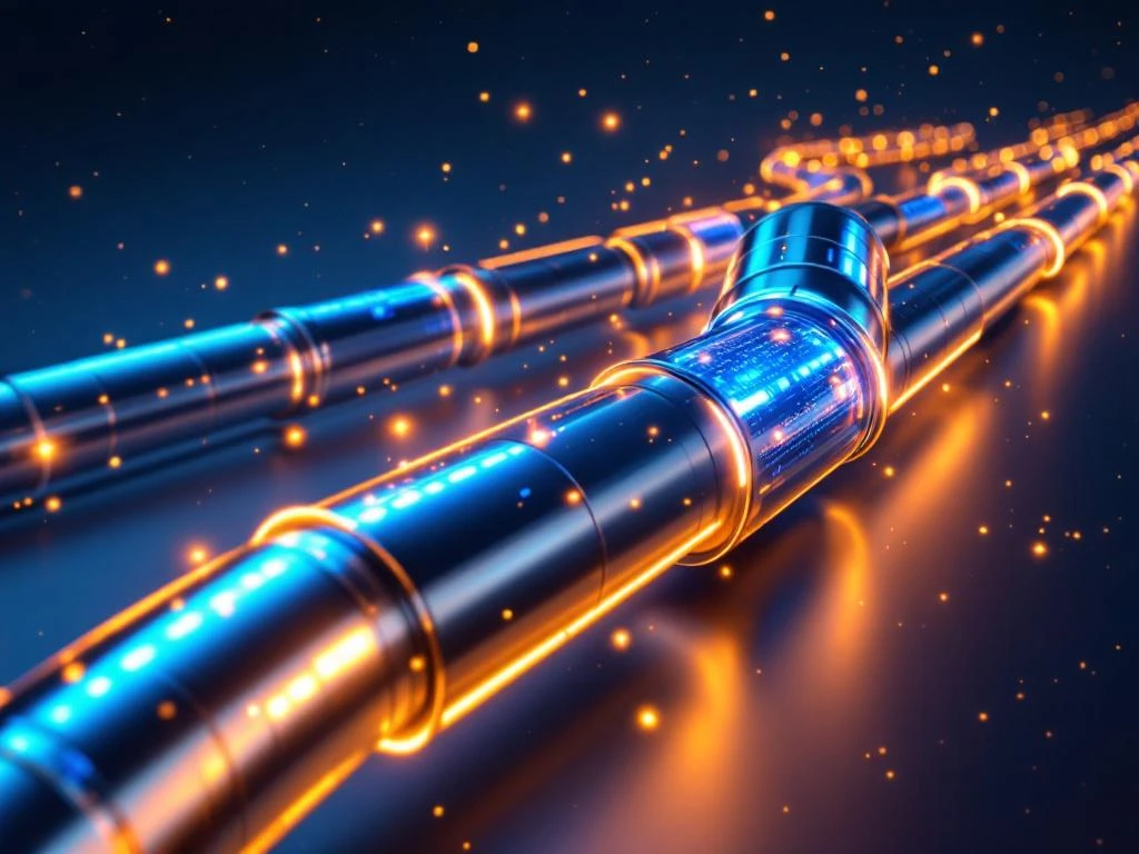 Luchtfoto van metalen pijpleidingsysteem dat versmalt als sales funnel met LED-verbindingen en datavisualisatie