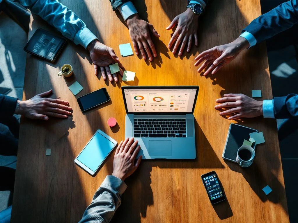 Meerdere handen duwen laptop met projectmanagement dashboard weg op modern bureau met verlaten notities en apparaten