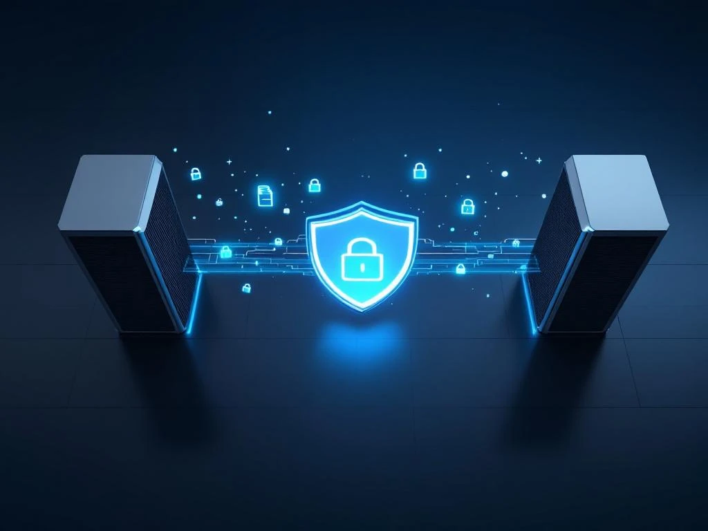 Twee servertorens verbonden door beveiligde datastroom met blauwe deeltjes en encryptie-iconen onder beschermend schild