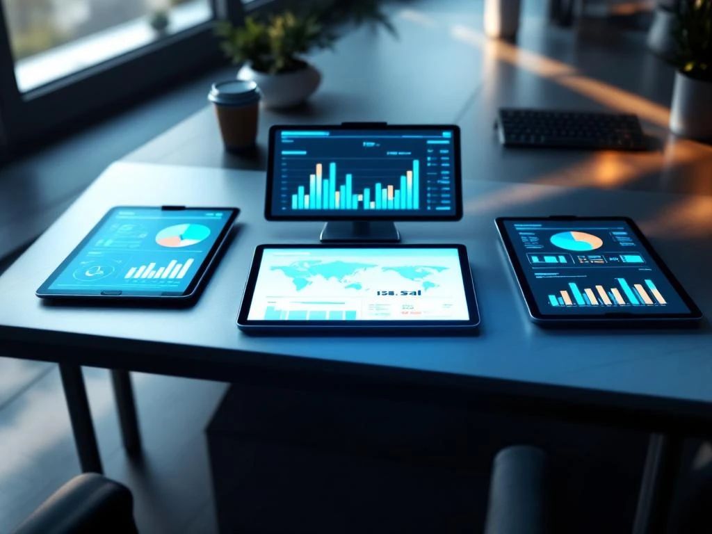 Vijf digitale tablets met verlichte dashboards en grafieken op modern bureau, bovenaanzicht met natuurlijk licht