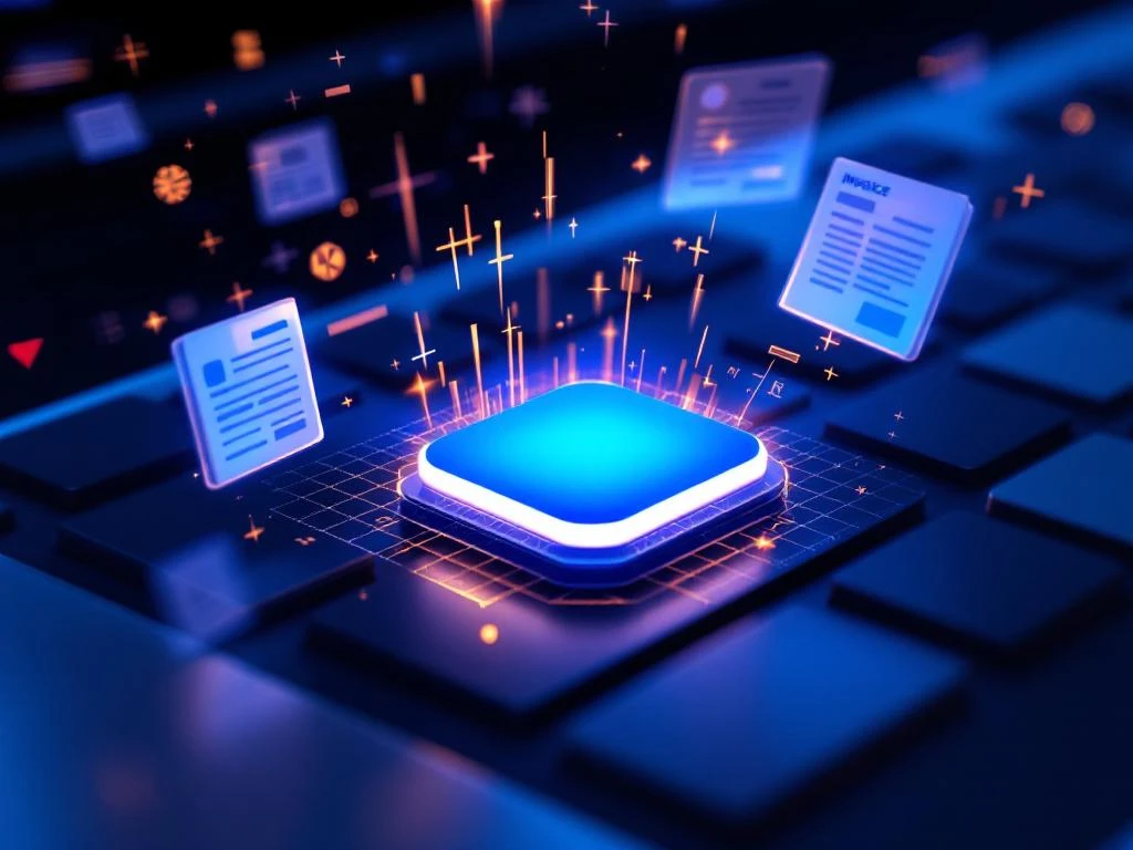 Moderne computertoetsenbord met gloeiende blauwe knop en zwevende digitale facturen voor automatisering