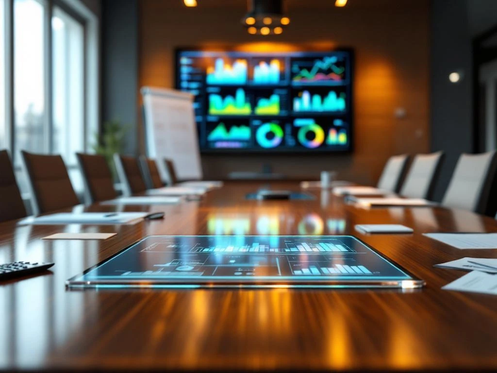 Moderne vergadertafel met glazen tablets die kleurrijke budgetgrafieken en financiële dashboards tonen op digitale schermen