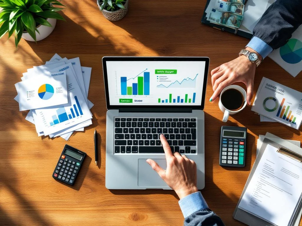 Professionele handen op laptop met budgetgrafieken, calculator en euro bankbiljetten op bureau