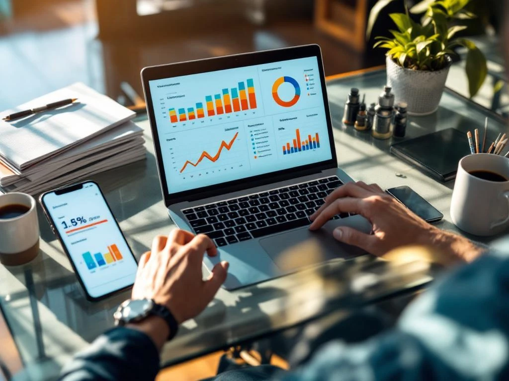 Laptop met kleurrijke sales dashboards en grafieken op modern glazen bureau met smartphone en koffiekop