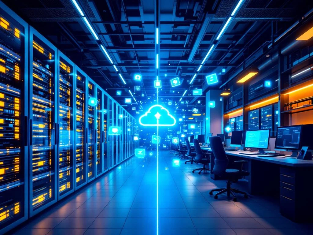 Split-screen vergelijking van moderne cloud servers met blauwe LED-verlichting en traditionele kantoorcomputers