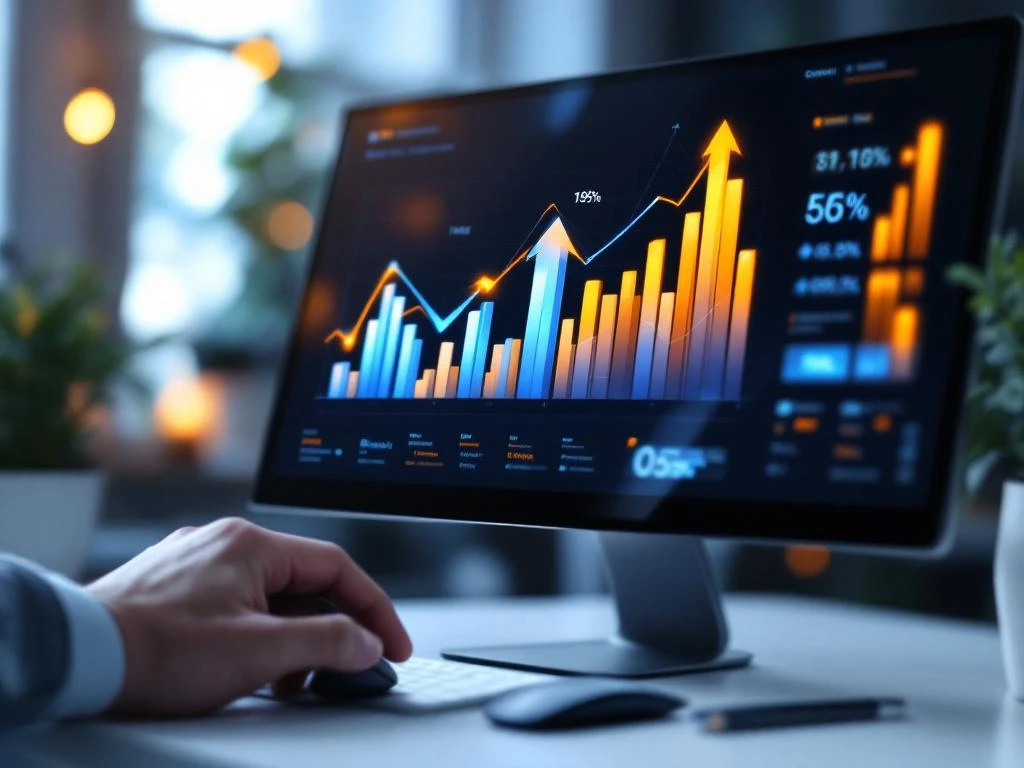 Computerscherm toont kleurrijke conversie-funnel grafieken met stijgende pijlen en percentages, hand boven draadloze muis