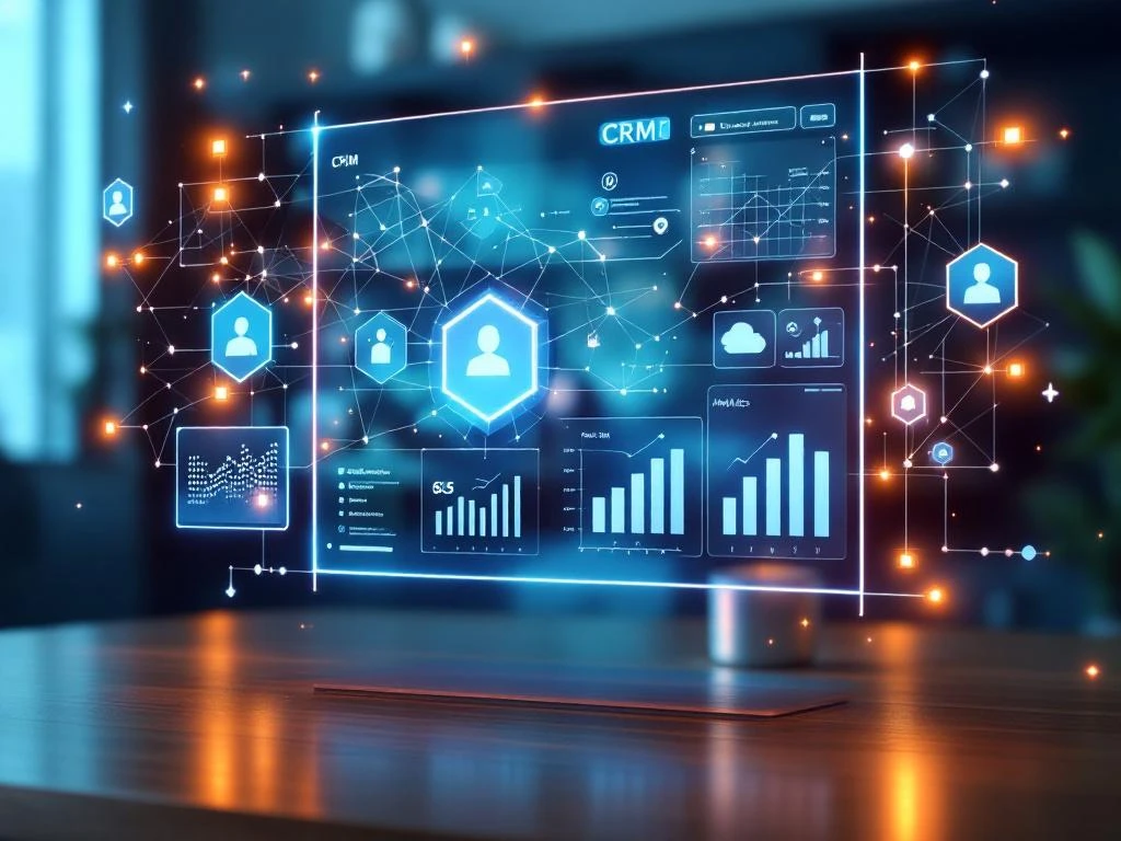 Holografisch CRM-dashboard met AI-neuraalnetwerk patronen en gegevensstromen boven houten bureau met blauwe verlichting
