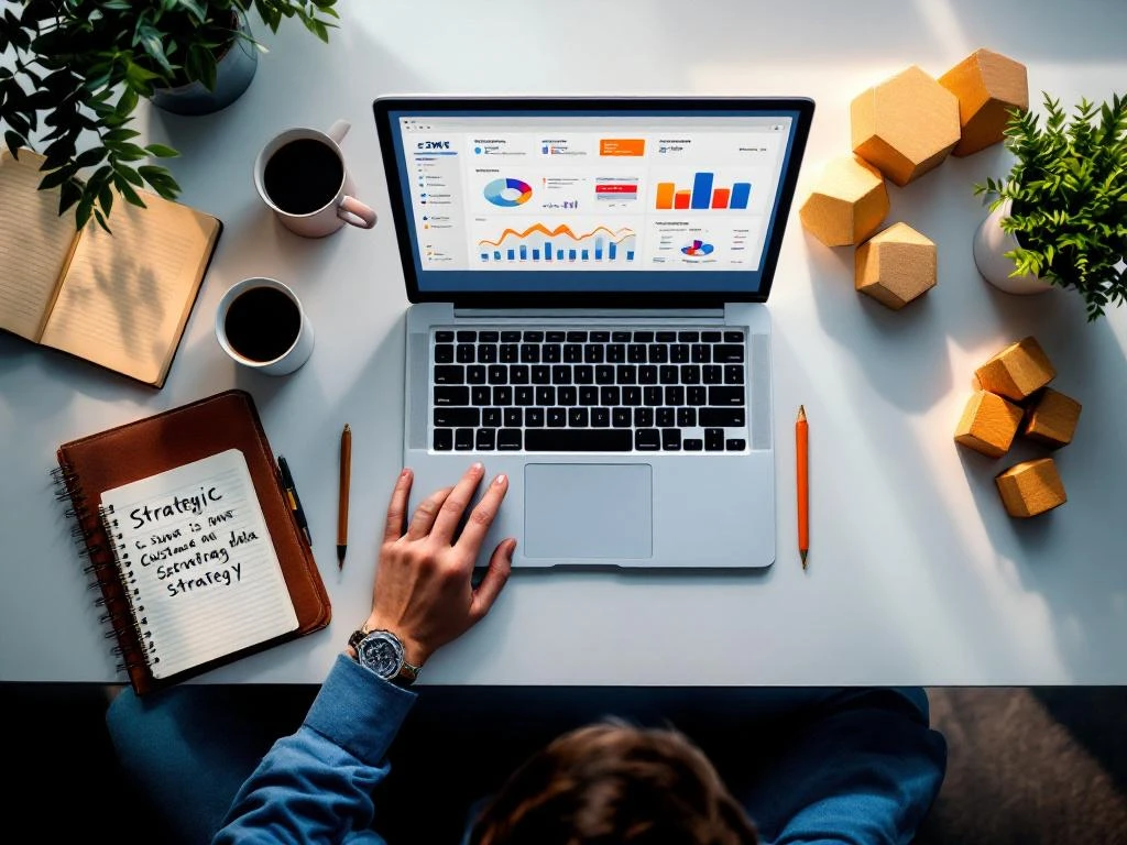 Laptop met kleurrijke CRM-dashboard op modern bureau met notebook, koffie en houten blokken voor bedrijfsstrategie