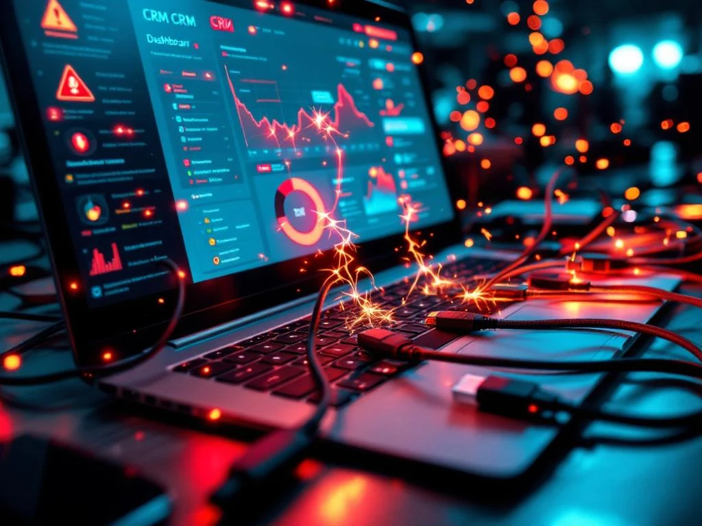 Laptop met CRM-dashboard toont rode waarschuwingssymbolen, gefrande USB-kabels met vonken en aangesloten apparaten