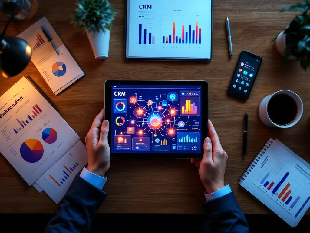 Handen boven tablet met CRM-dashboard op modern bureau met smartphone en zakelijke documenten