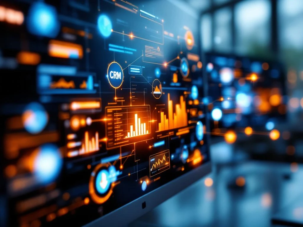 Moderne computermonitor toont CRM dashboard met Power BI grafieken en holografische data visualisatie in blauw-oranje