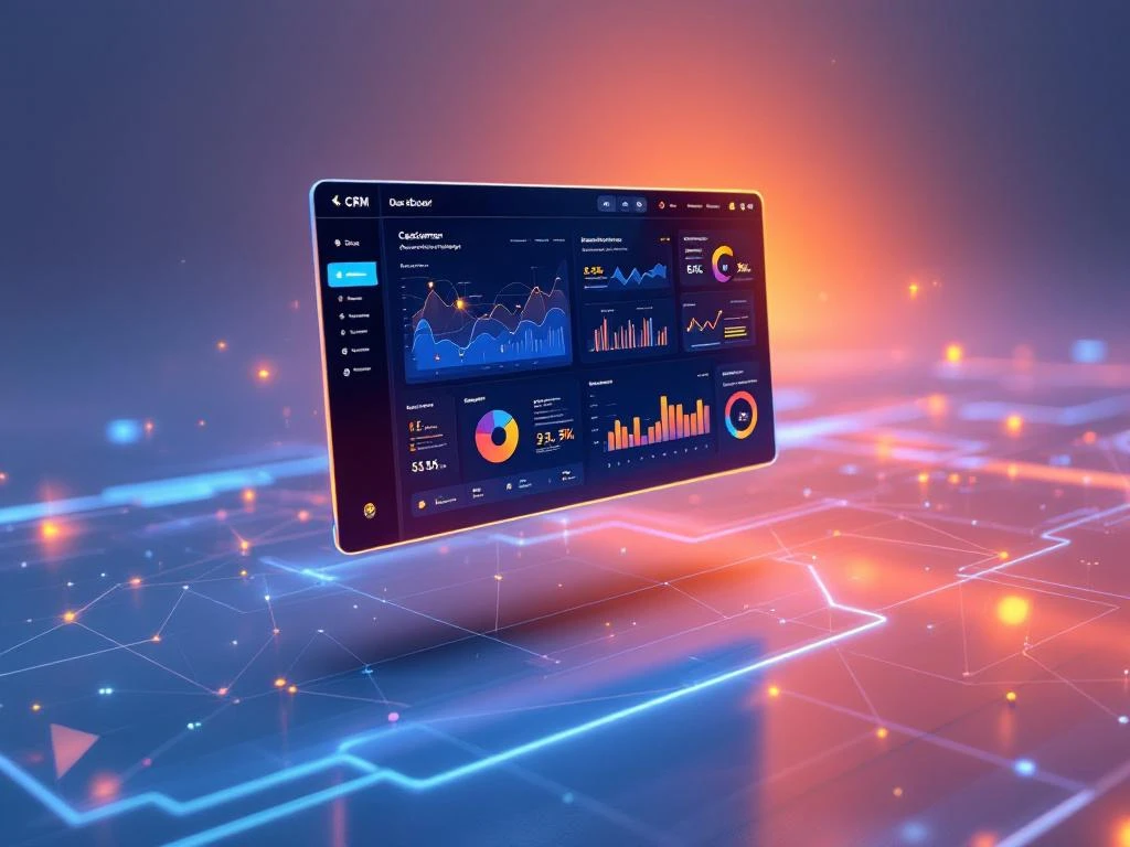Modern CRM-dashboard interface met 3D datavisualisaties, klantreisgrafieken en analytische gegevens in blauw-oranje licht
