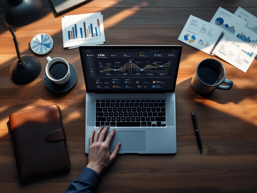 Moderne laptop met CRM-dashboard op houten bureau met grafieken, koffie en zakelijke accessoires, bovenaanzicht