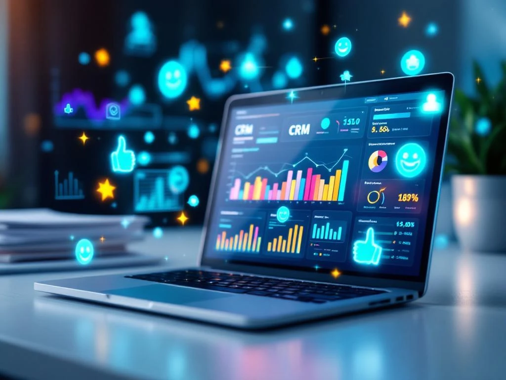 Laptop toont kleurrijke CRM-dashboard met holografische klanttevredenheidsiconen en sterbeoordelingen op wit bureau