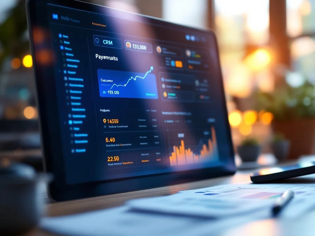 CRM-dashboard op computerscherm toont klantprofielen met Mollie betalingsgegevens, financiële documenten op achtergrond