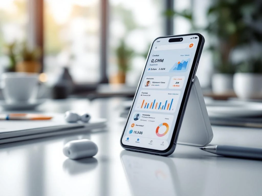 Smartphone met CRM-dashboard op wit bureau toont kleurrijke grafieken en contactgegevens in moderne kantooromgeving