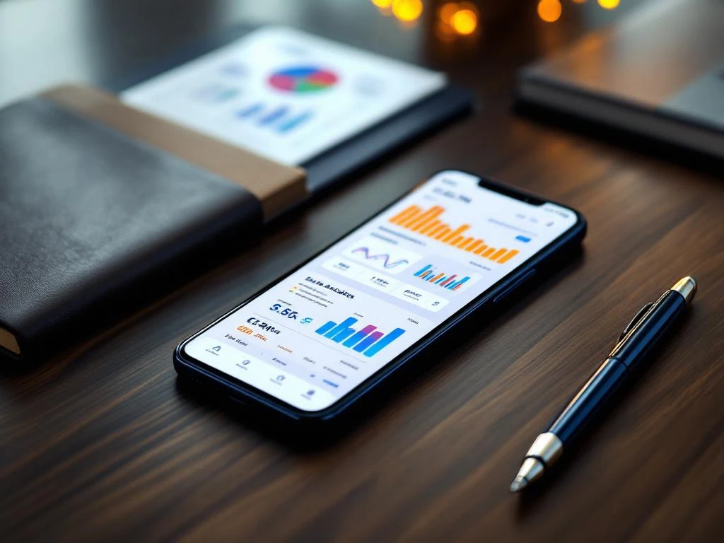 Smartphone met CRM dashboard en verkoopanalytics op donkere houten bureau met notitieboek en pen