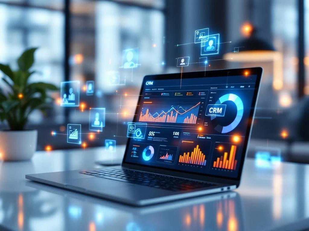 Laptop met CRM-dashboard en zwevende data-visualisaties in moderne werkruimte met blauwe en oranje grafieken