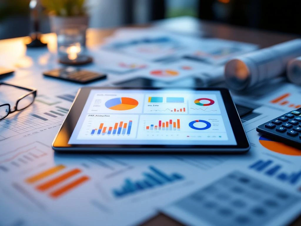 Tablet met CRM-dashboard op bureau met financiële rapporten, grafieken en blauwdrukken voor projectanalyse