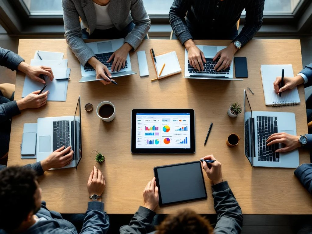 Bovenaanzicht van moderne vergadertafel met laptops die CRM-dashboards tonen, tablet met datavisualisatie en professionele handen