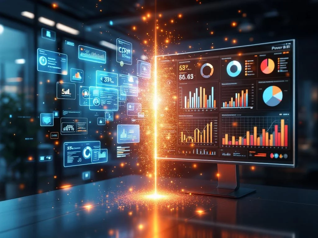 CRM-gegevens die transformeren naar Power BI-dashboard met holografische klantkaarten en kleurrijke grafieken verbonden door lichtgevende datastroom
