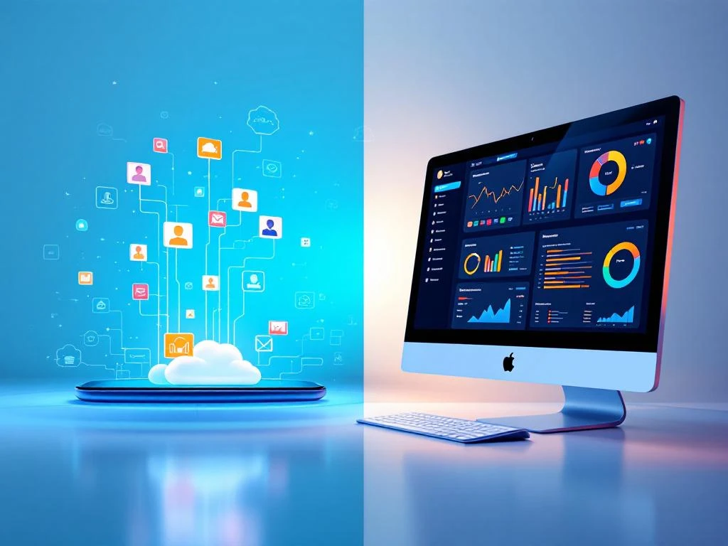 CRM-gegevenssynchronisatie tussen smartphone en desktop met gloeiende verbindingslijnen en datastrooms