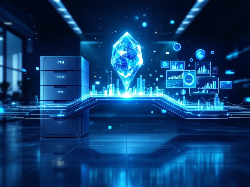 CRM-database en Power BI-dashboard verbonden door kristallijne data lake structuur met blauwe datastromen in moderne kantooromgeving