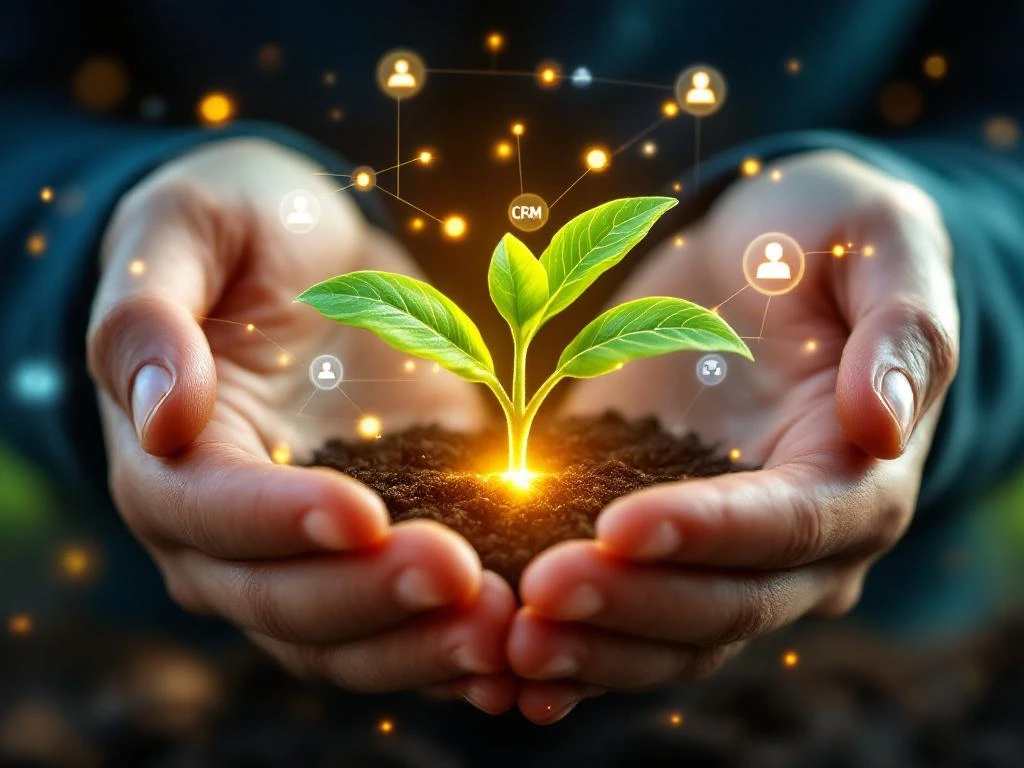Handen verzorgen gloeiende digitale zaailing met CRM-interface elementen en holografische klantennetwerken eromheen