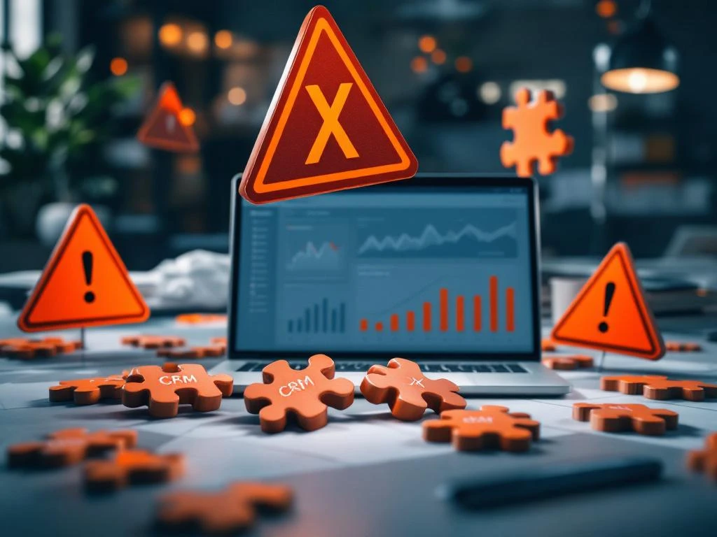 Laptop met CRM-dashboard omringd door waarschuwingssymbolen en kapotte puzzelstukken op modern bureau