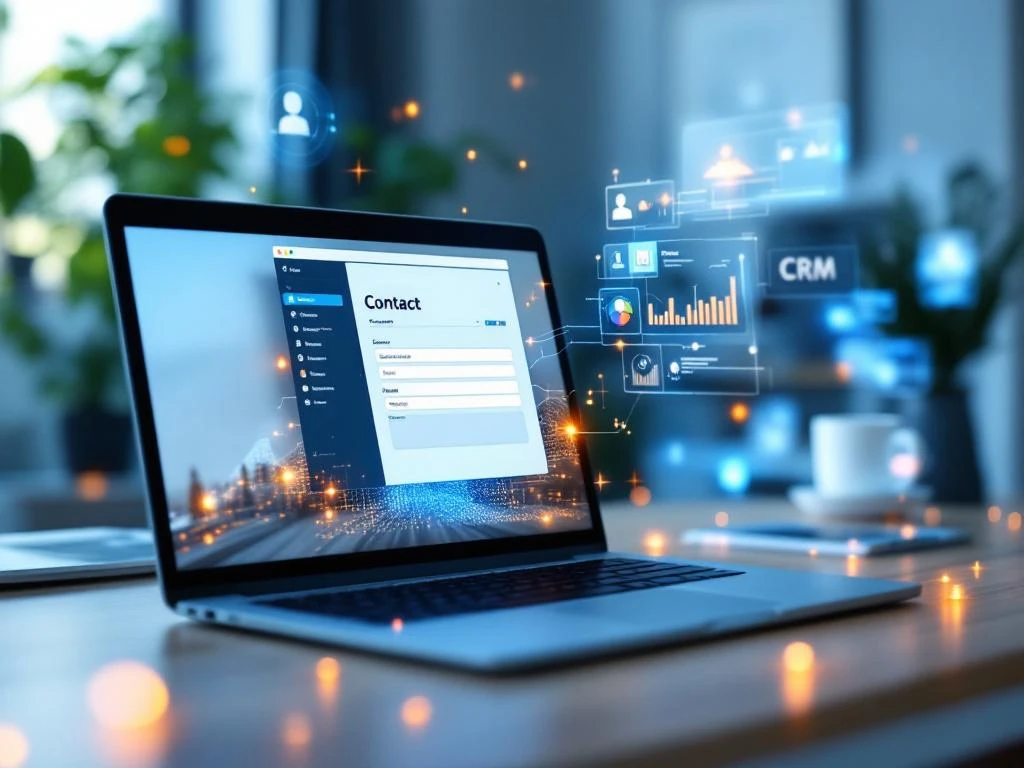 Laptop met contactformulier verbonden aan holografisch CRM-dashboard via gloeiende digitale datastromen in modern kantoor