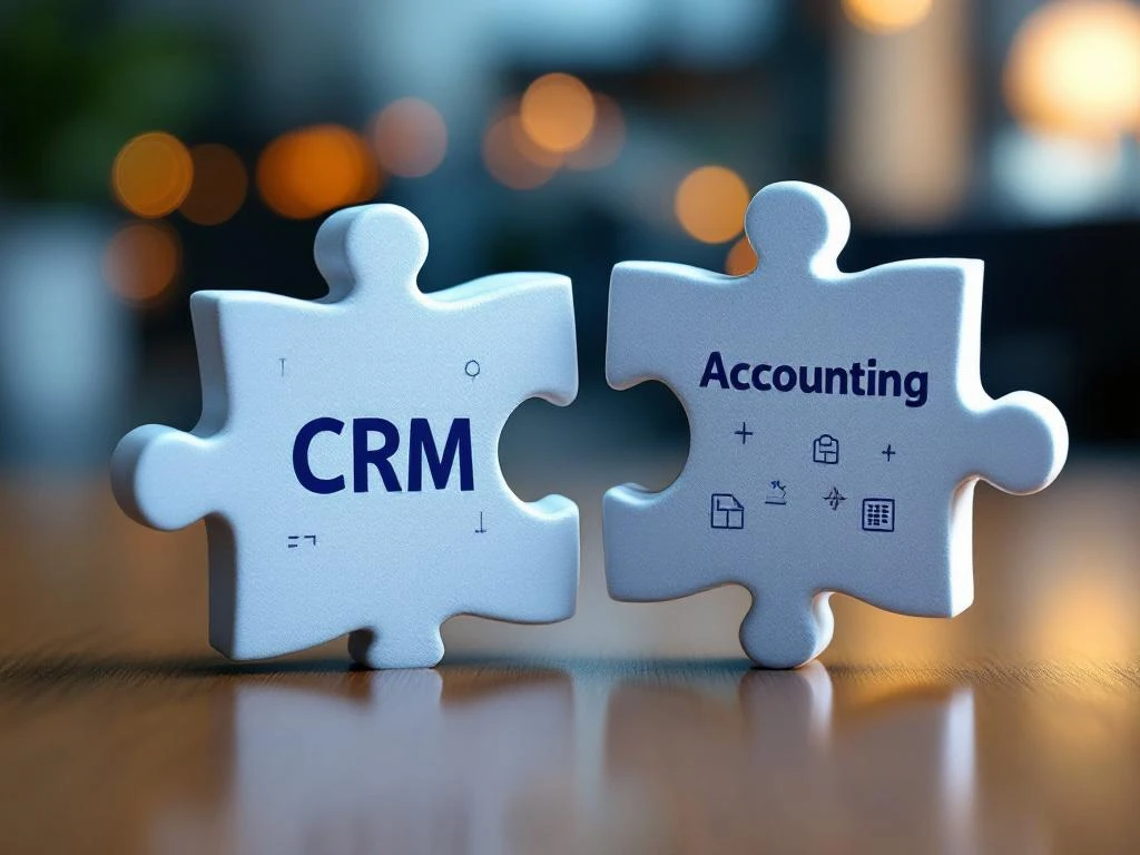 Twee puzzelstukjes met CRM- en boekhoudsoftware-elementen die niet perfect aansluiten op een houten bureau