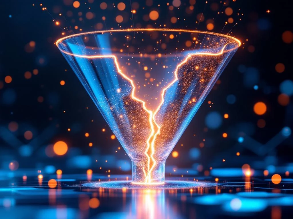 Glazen trechter met digitale leads die weglekken door scheuren naar CRM-dashboard, omringd door holografische datapunten