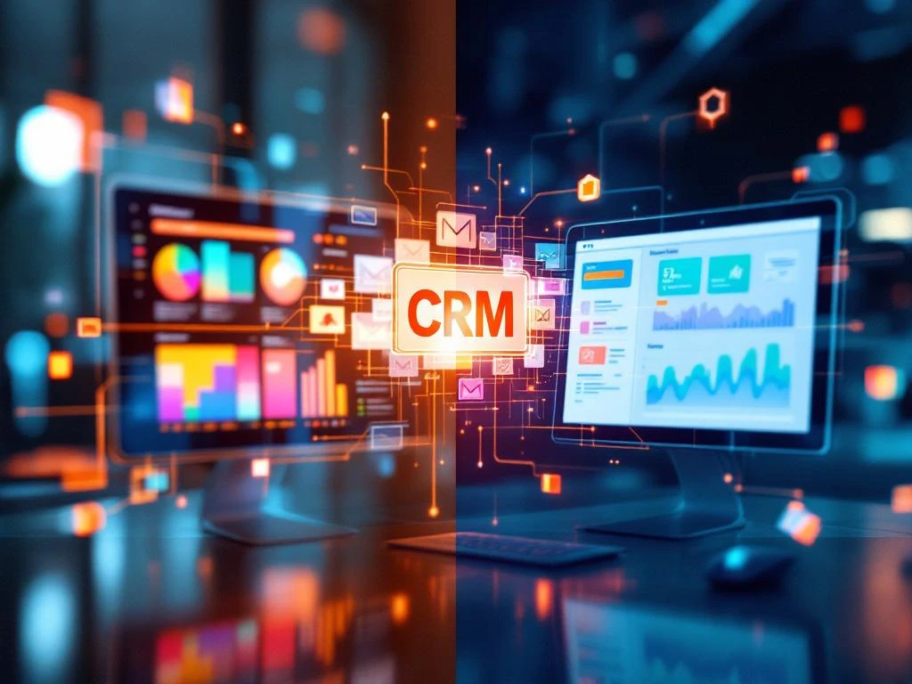 CRM dashboard met klantensegmenten verbonden aan e-mailcampagne interface via digitale datastromen in moderne werkruimte