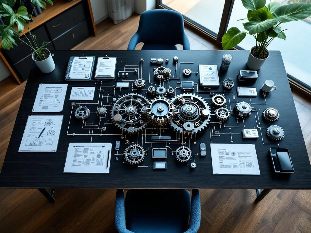 Moderne werkplek met metalen tandwielen die CRM-processen symboliseren op donker houten bureau met stroomdiagrammen