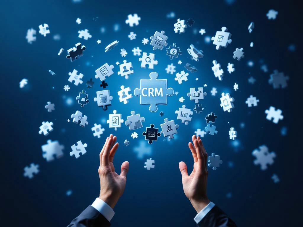 Zakenman probeert zwevende CRM-puzzelstukken met database- en klantprofiel-iconen te verbinden tegen blauwe achtergrond