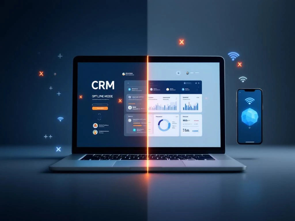 Laptop met CRM-dashboard in offline modus naast smartphone zonder internetverbinding, gesplitst scherm in blauw en grijs