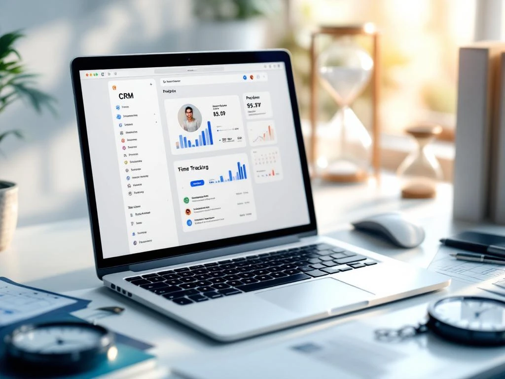 Laptop met CRM-interface en tijdregistratie op bureau met stopwatch, mappen en klok voor werkstroomorganisatie