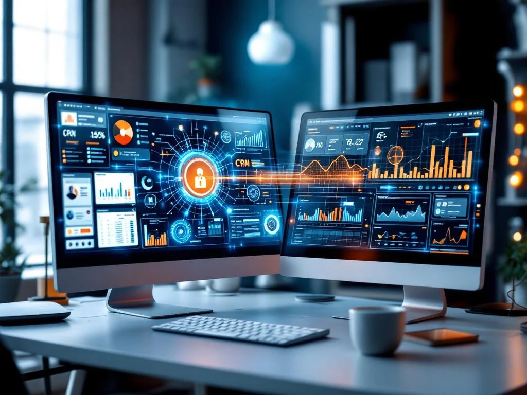 Twee computermonitors tonen CRM-klantgegevens en Twinfield financieel dashboard met blauwe verbindingslijnen op kantoorbureau